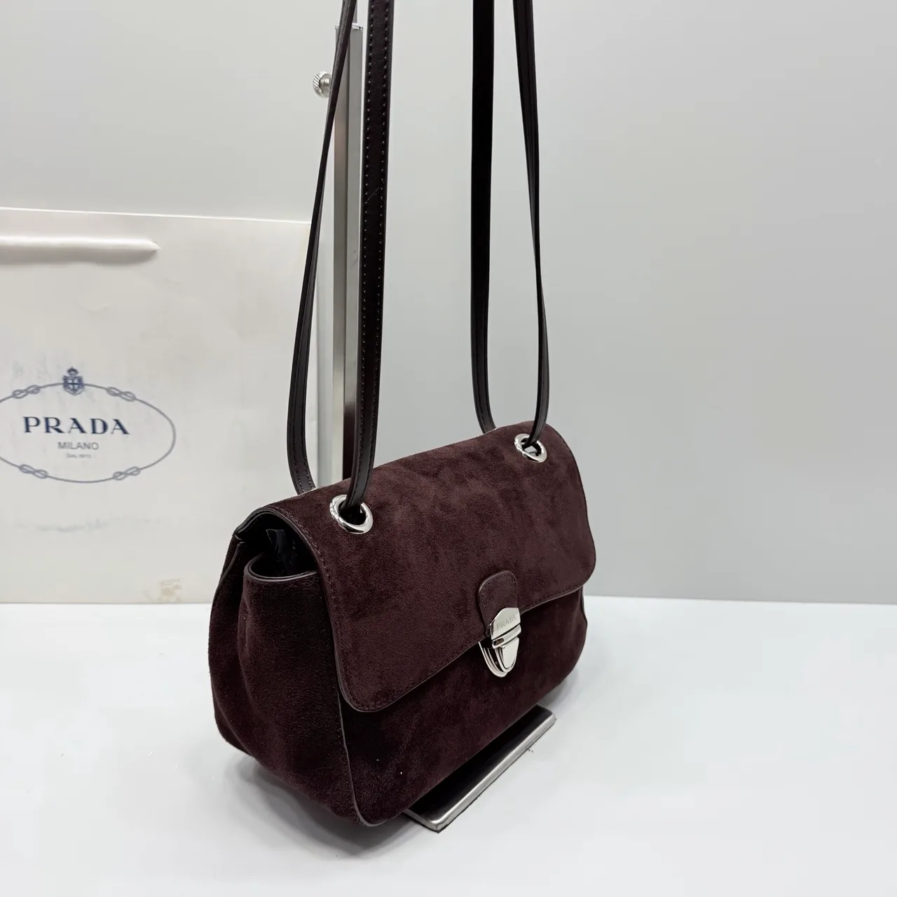 Prada Suede-Look Flap Shoulder Bag in Brown · view 3