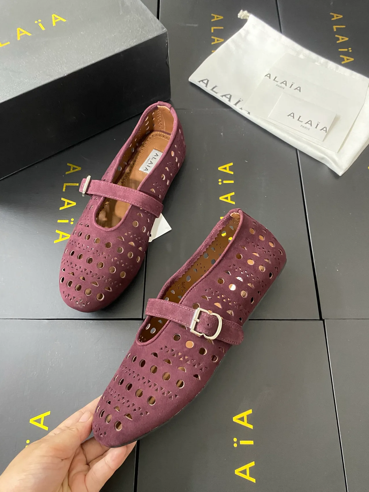 Alaia Cowhide Sheepskin Buckle Mary Jane Flats in Purple · view 6