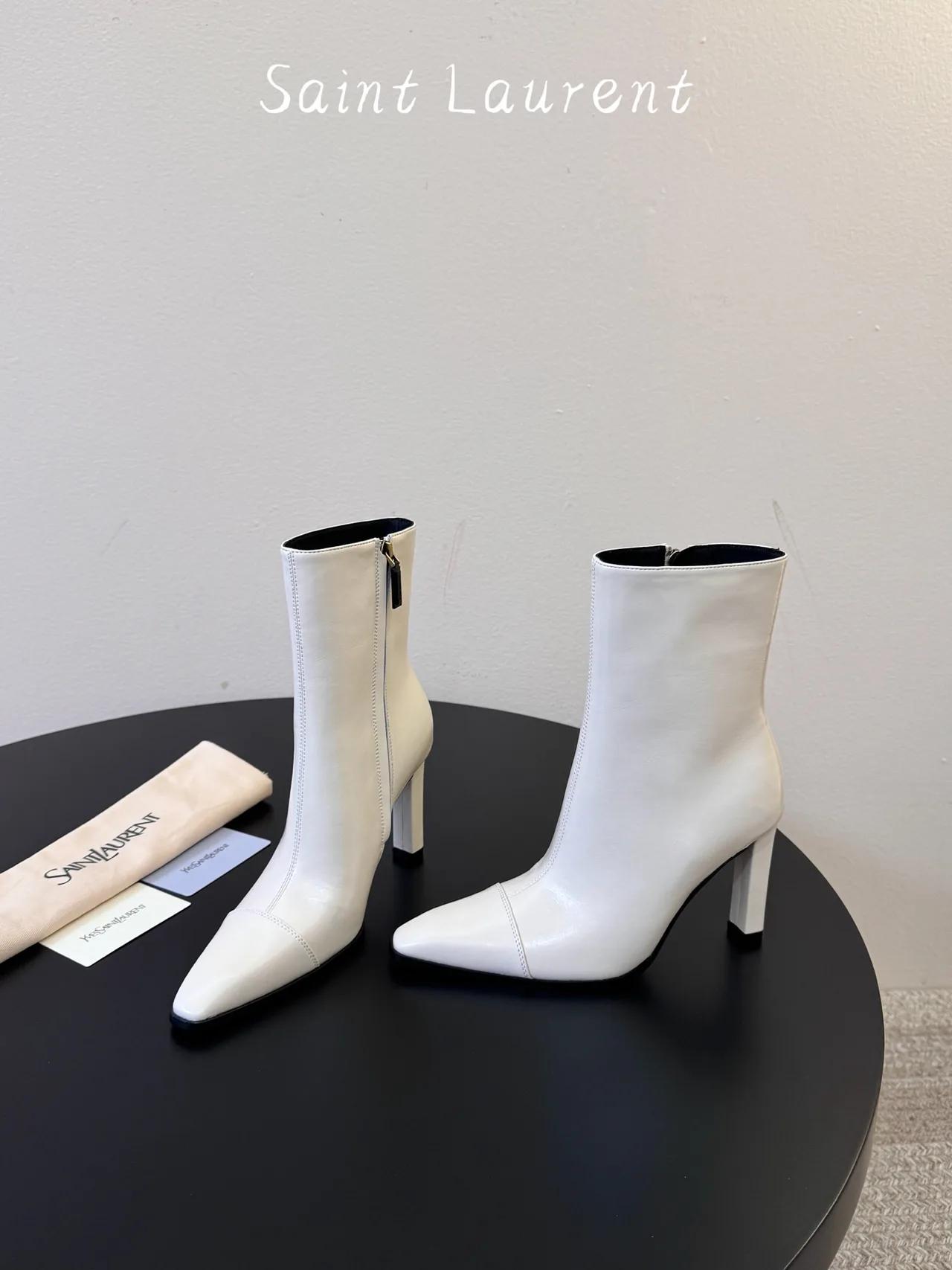 Saint Laurent Glossy Pointed-Toe Ankle Boots in White · view 3