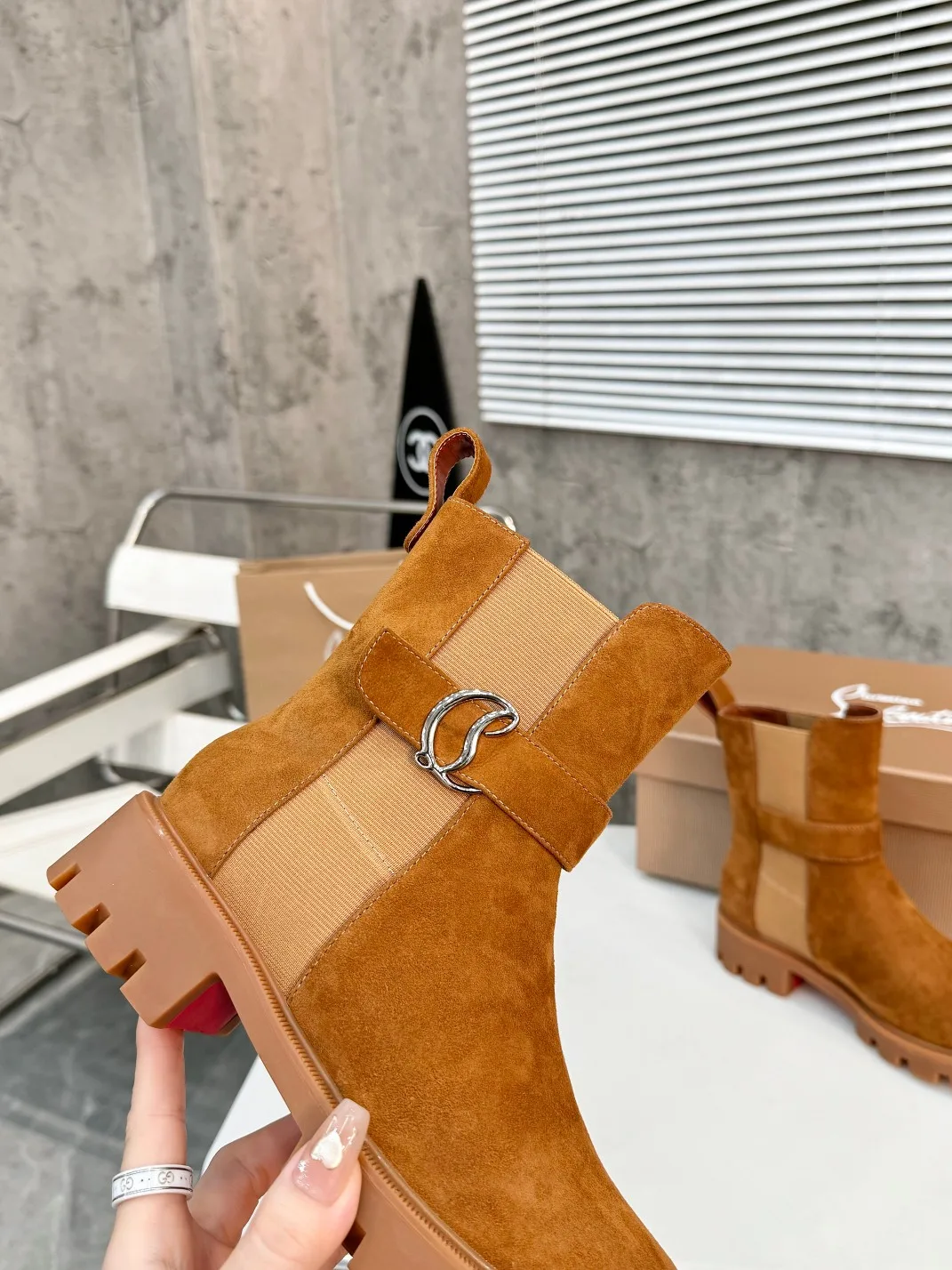 Christian Louboutin Buckle Chelsea Boots in Black & Brown · view 8