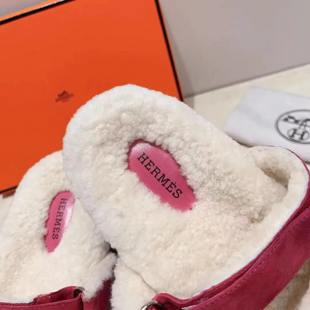 Hermes Sheepskin Chypre Shearling Slides in Pink · view 8