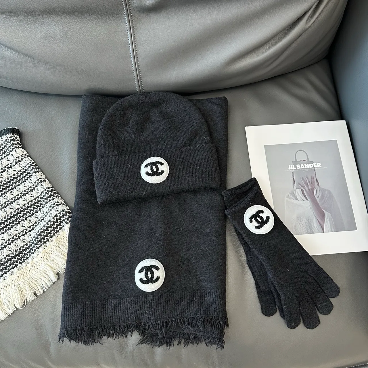 Chanel Hat Scarf and Gloves Set in Black & Grey & Beige & White · view 1