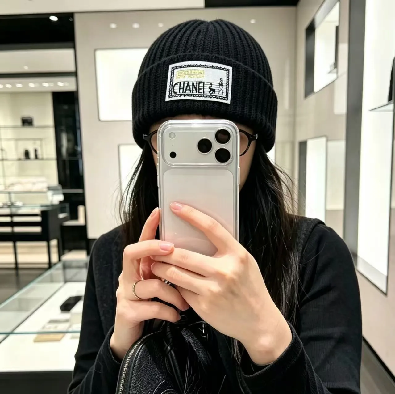 Chanel Label-patch knit beanie in Black & Cream · view 3
