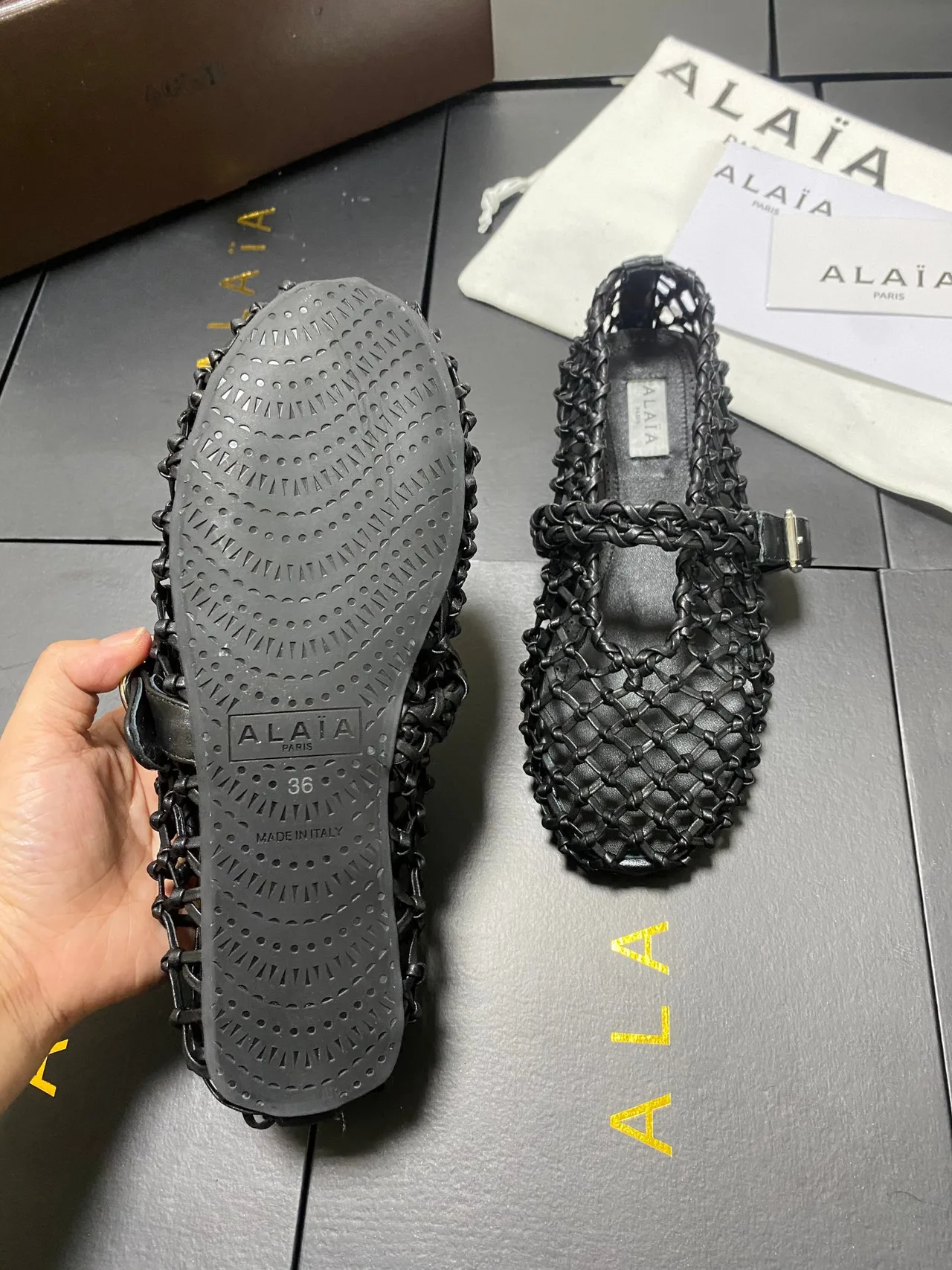 Alaia Cowhide Sheepskin Square-Toe Woven Mary Jane Flats in Black · view 8