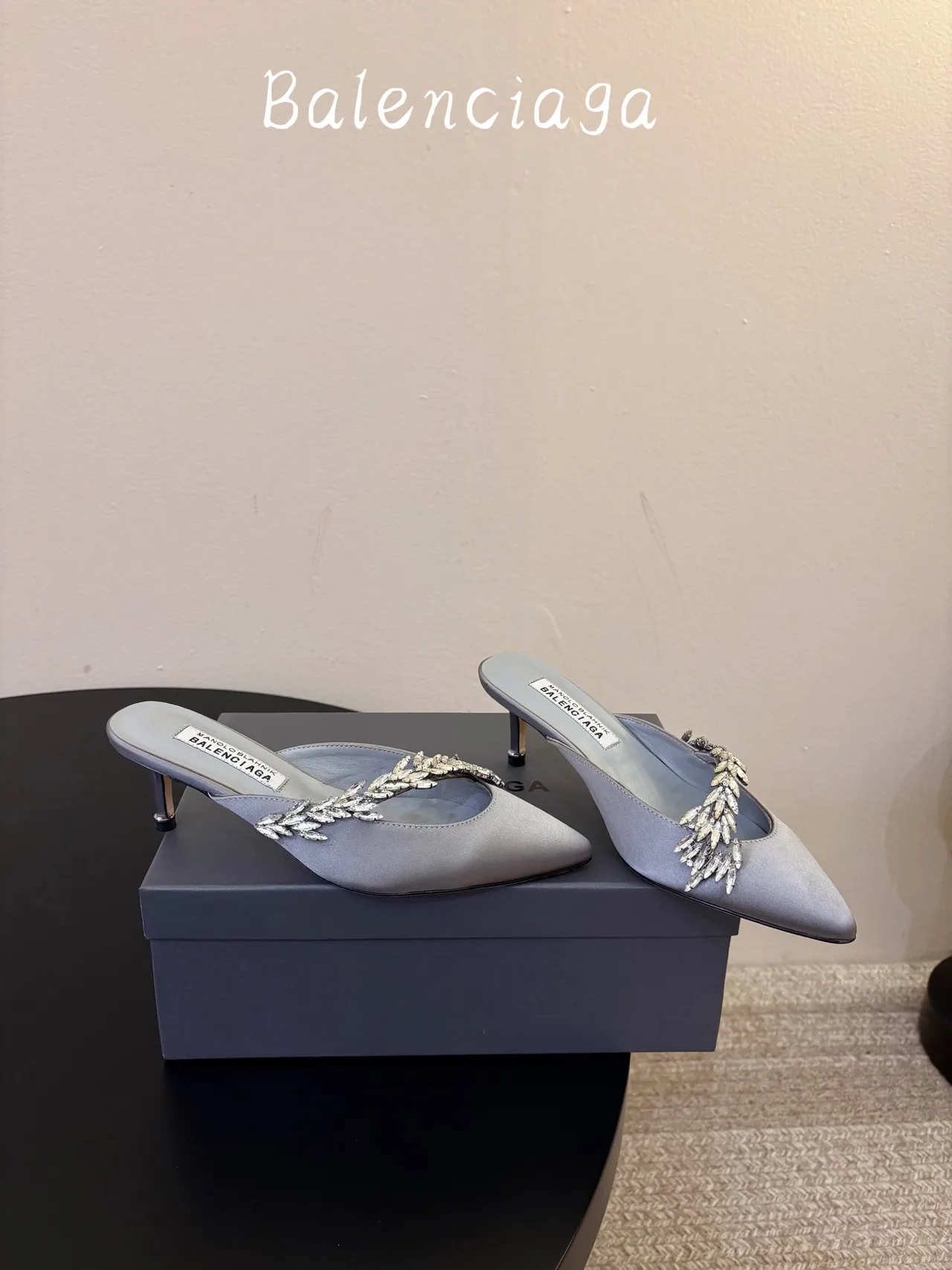 Balenciaga Silk Pointed-Toe Chain-Detail Mules in Grey · view 4