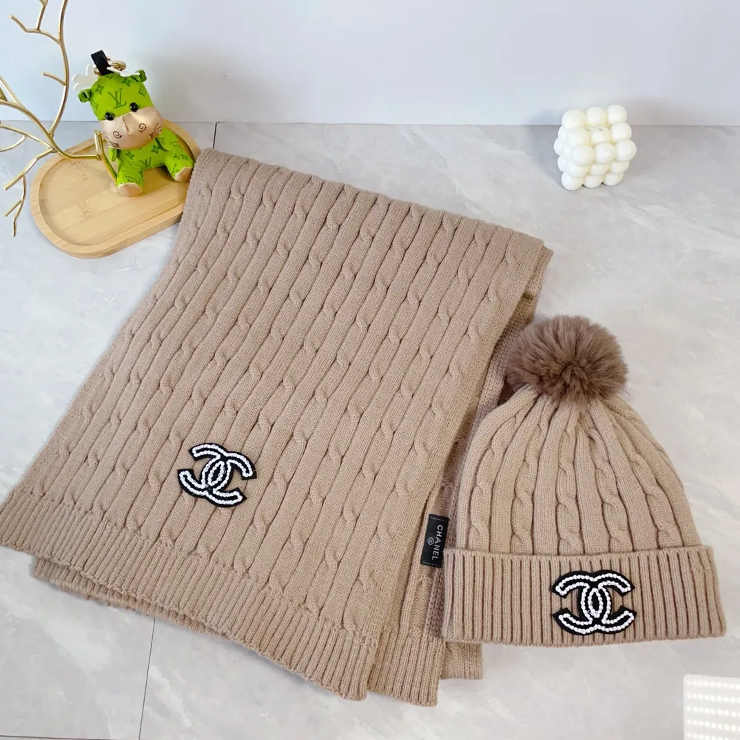 Chanel Wool Ribbed Hat and Scarf Set in Beige · view 1