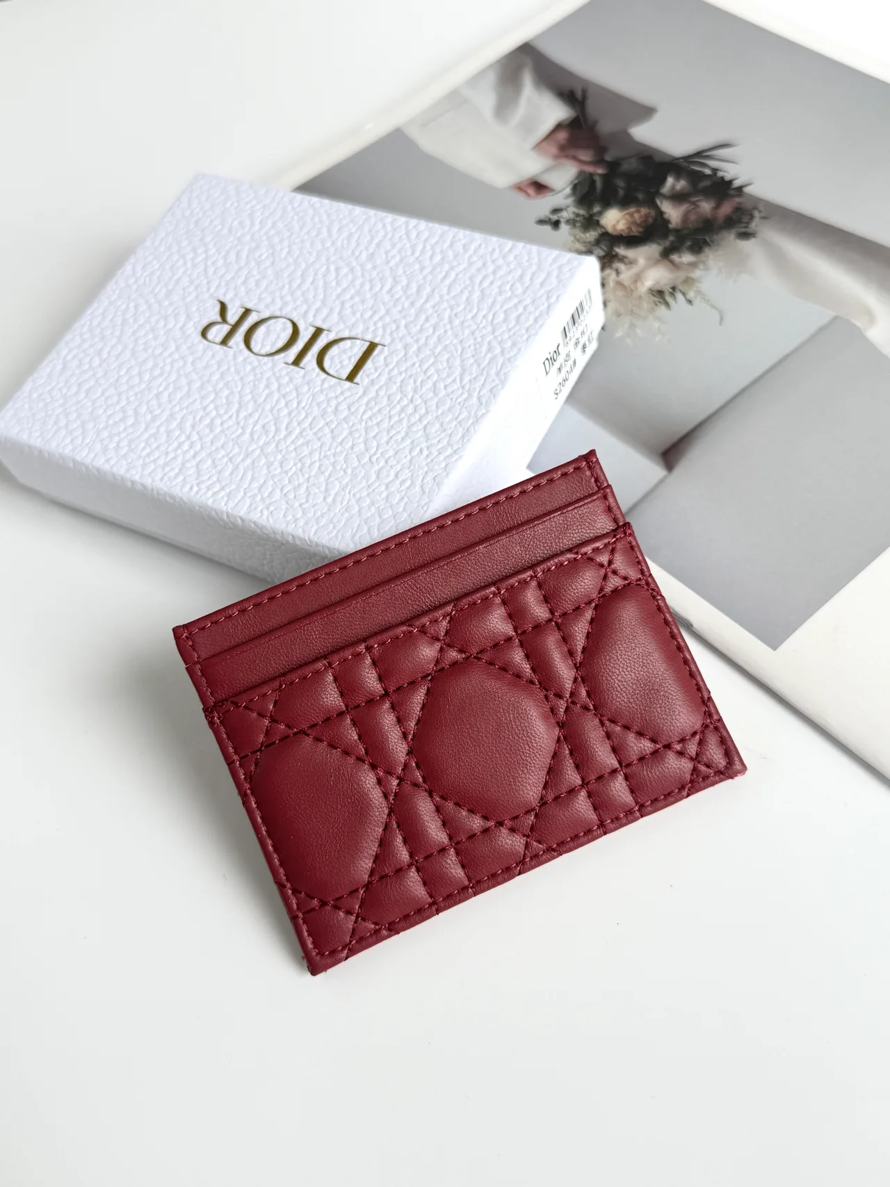 Dior Lambskin Quilted Bow Cardholder in Burgundy · view 2