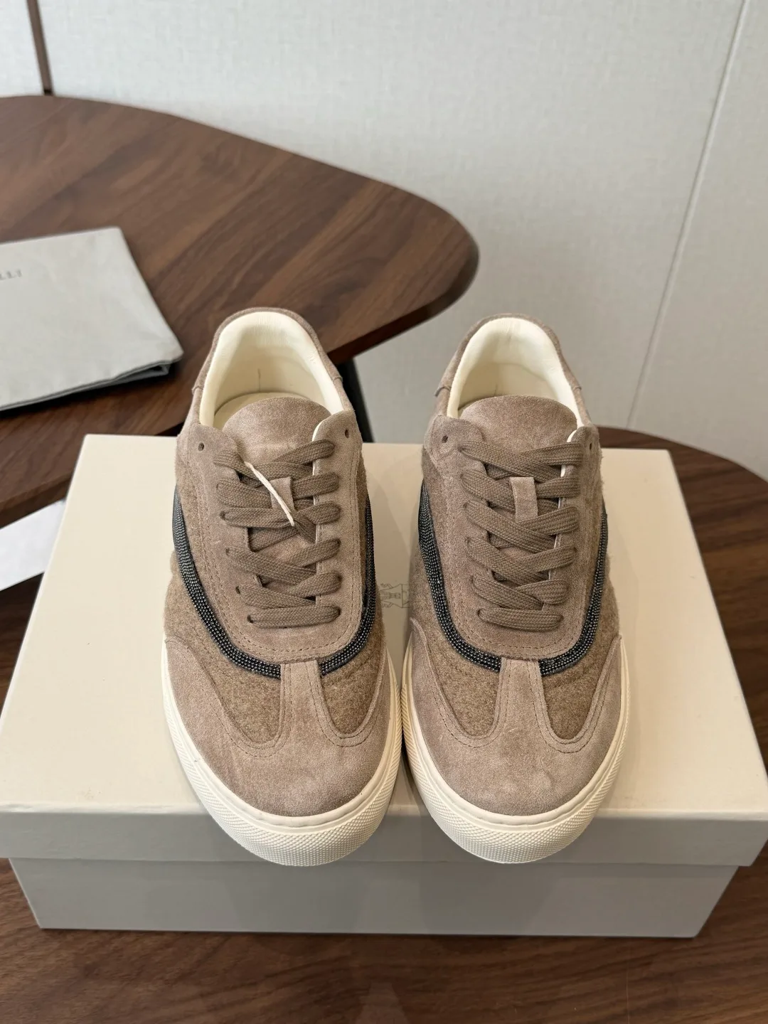 Brunello Cucinelli Cowhide Suede Panelled Lace-Up Sneakers in Grey · view 1