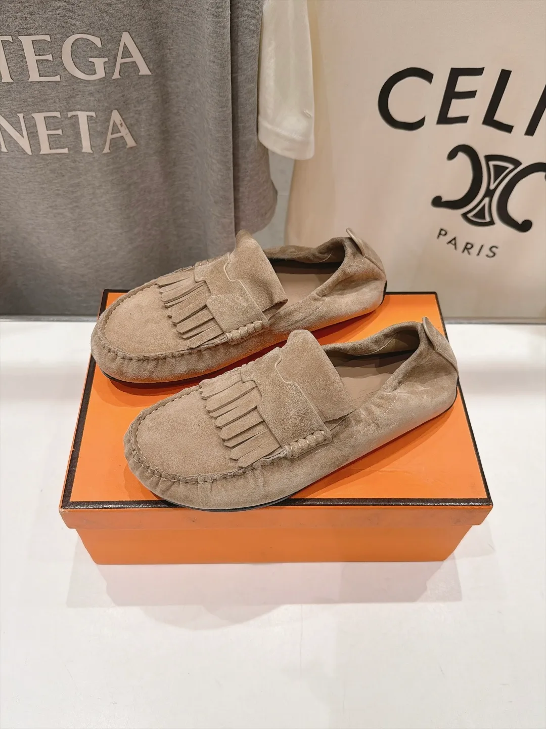 Celine Suede-Look Round-Toe Fringed Loafers in Beige · view 4