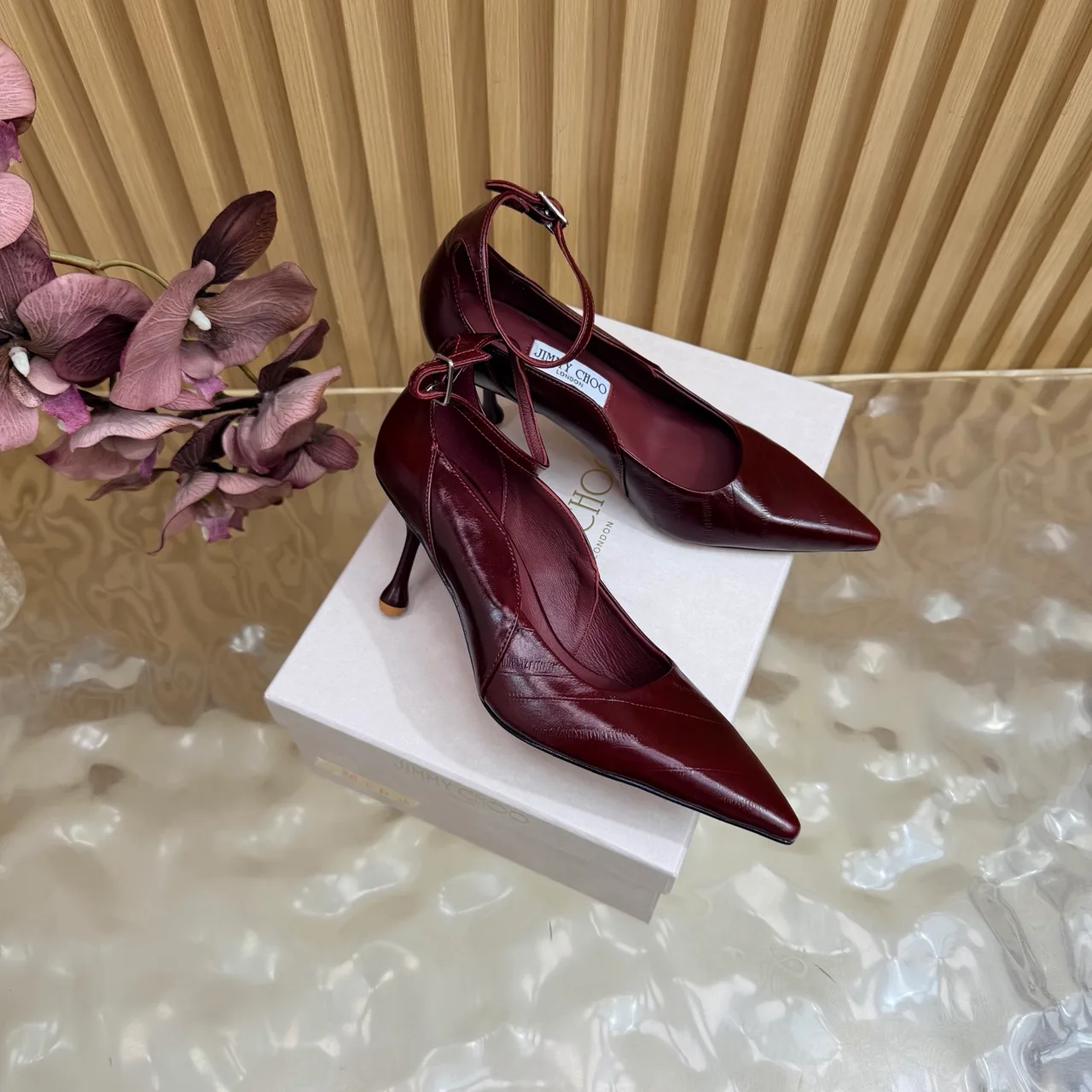 Jimmy Choo Cowhide Glossy Pointed-Toe Pointed Heel Pumps in Burgundy · view 2