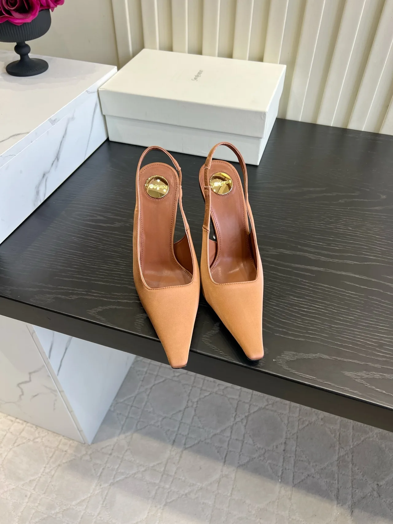 Saint Laurent Cowhide Silk Glossy Pointed-Toe Slingback Heels in Brown · view 1