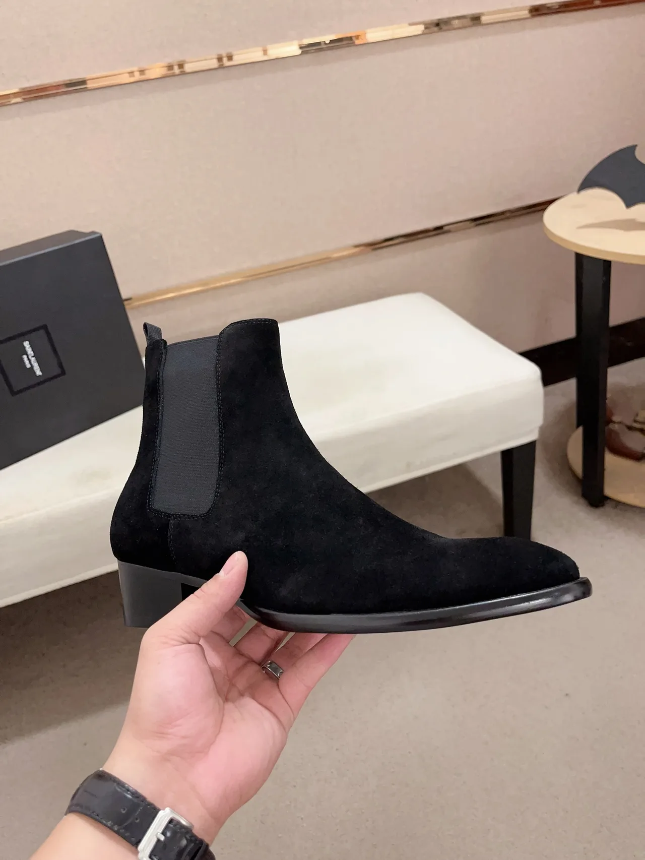Saint Laurent Cowhide Suede-Look Pointed-Toe Chelsea Boots in Black · view 5
