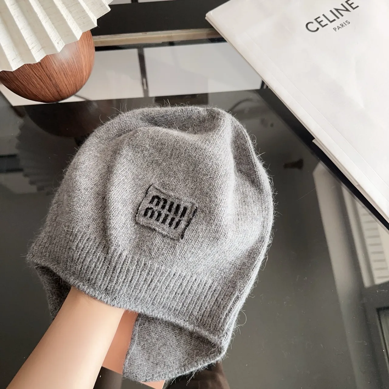 Miu Miu Ribbed Beanie in Grey · view 2
