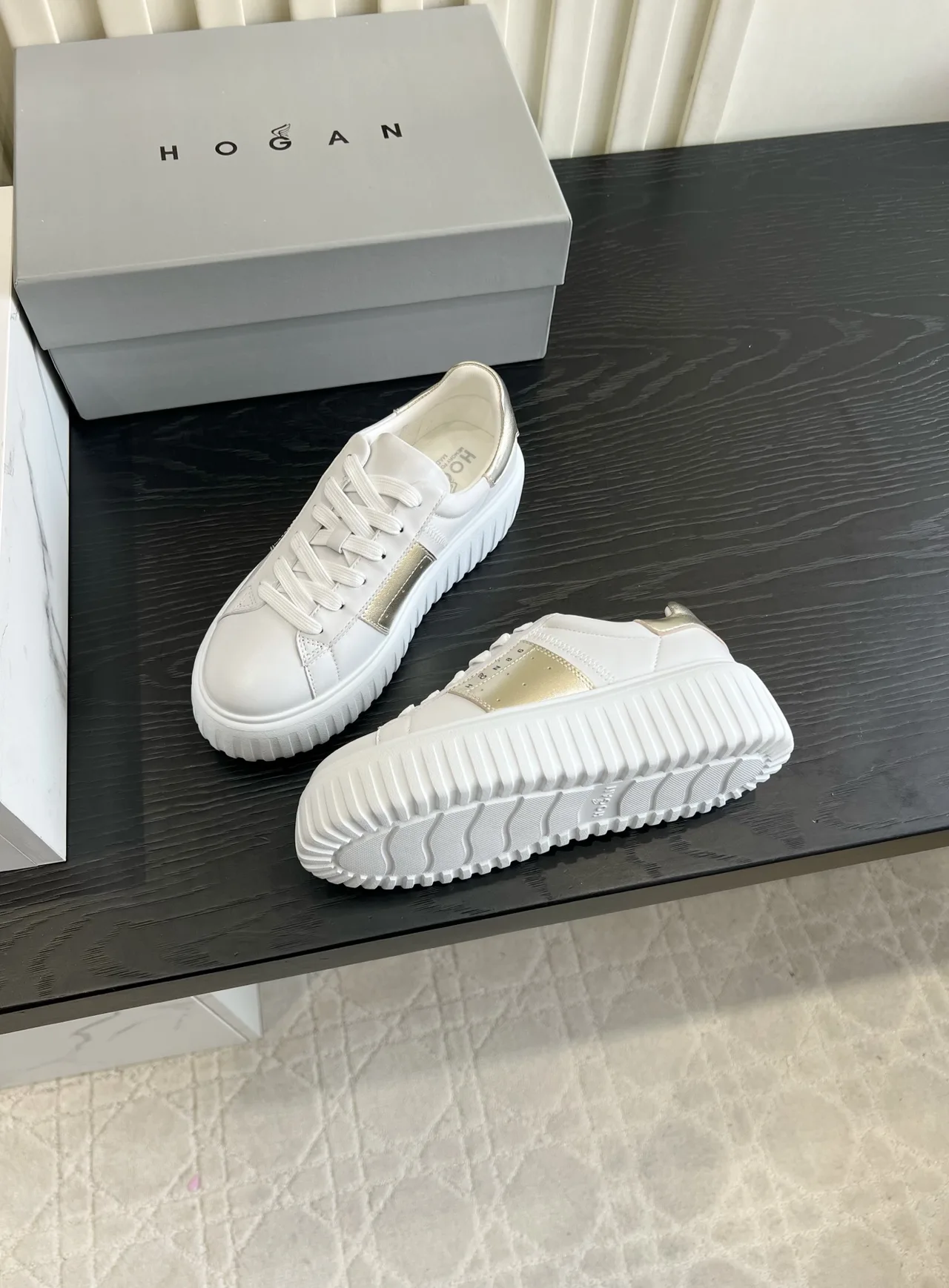 Hogan Cowhide Lace-Up Sneakers in White · view 4