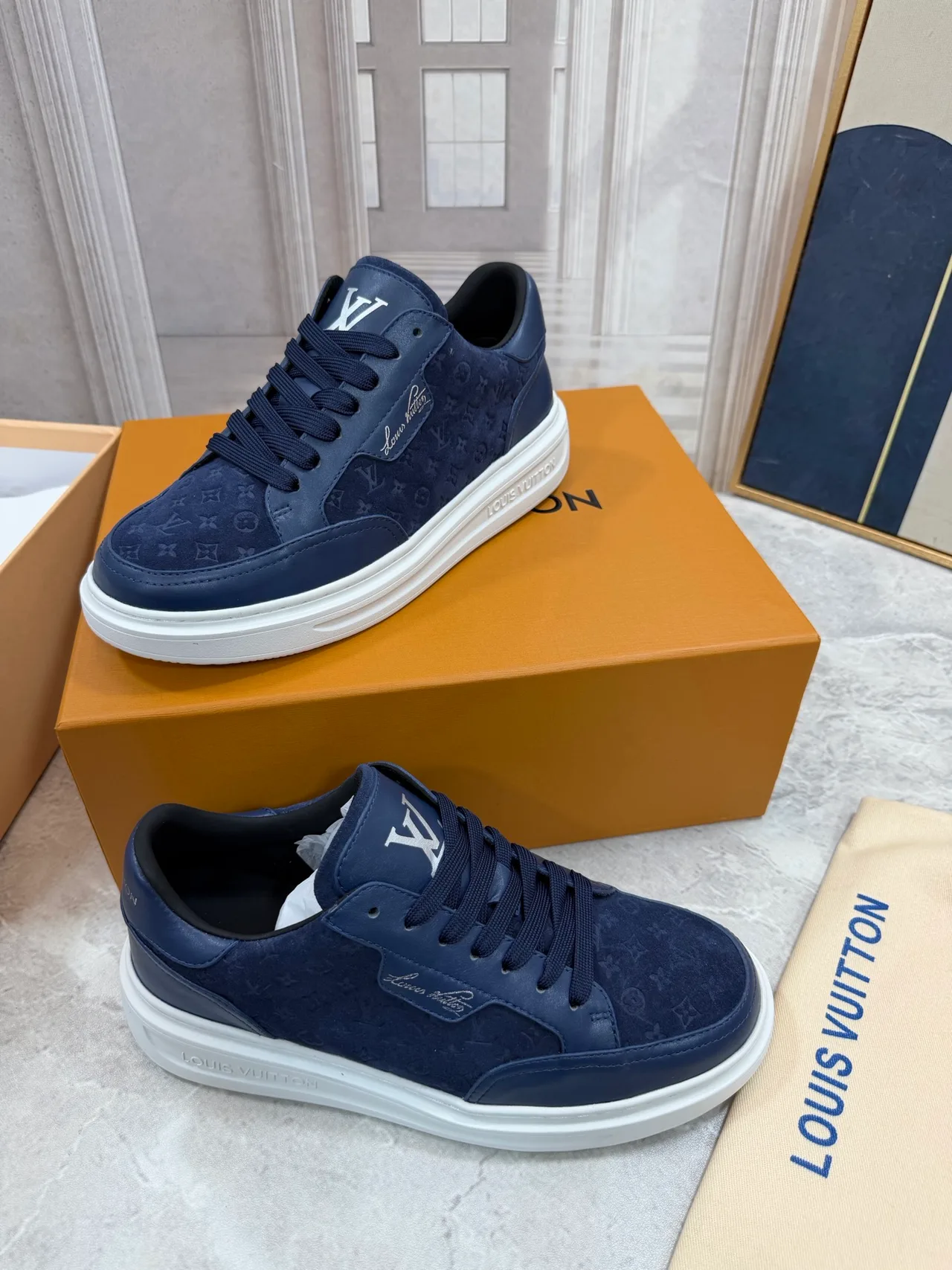 Louis Vuitton Calfskin Monogram Low-Top Sneakers in Blue · view 3