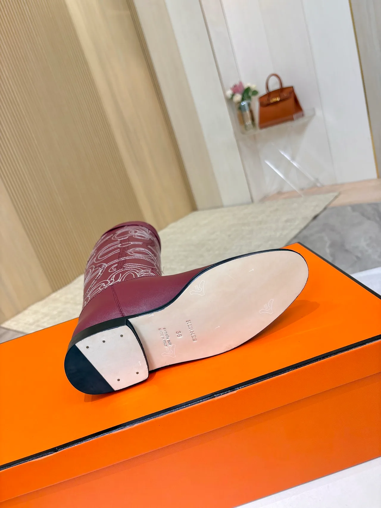 Hermes Cowhide Glossy Pointed-Toe Boots in Burgundy · view 8