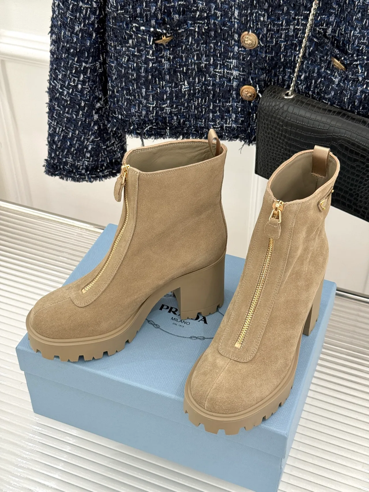Prada Denim Suede-Look Ankle Boots in Beige · view 2