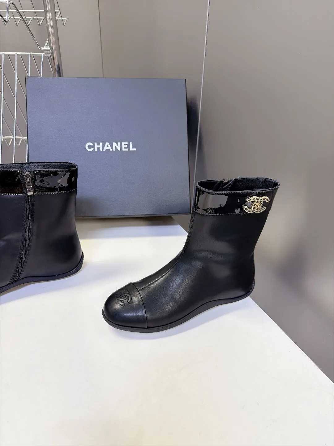 Chanel Calfskin Glossy Pointed-Toe Ankle Boots in Black · view 3