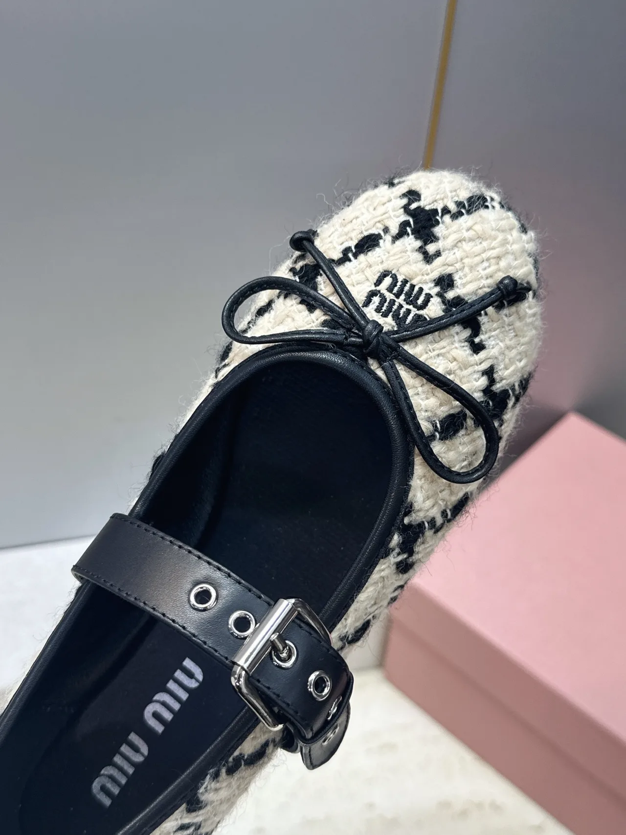 Miu Miu Calfskin Check Square-Toe Round-Toe Mary Jane Flats in Black · view 7