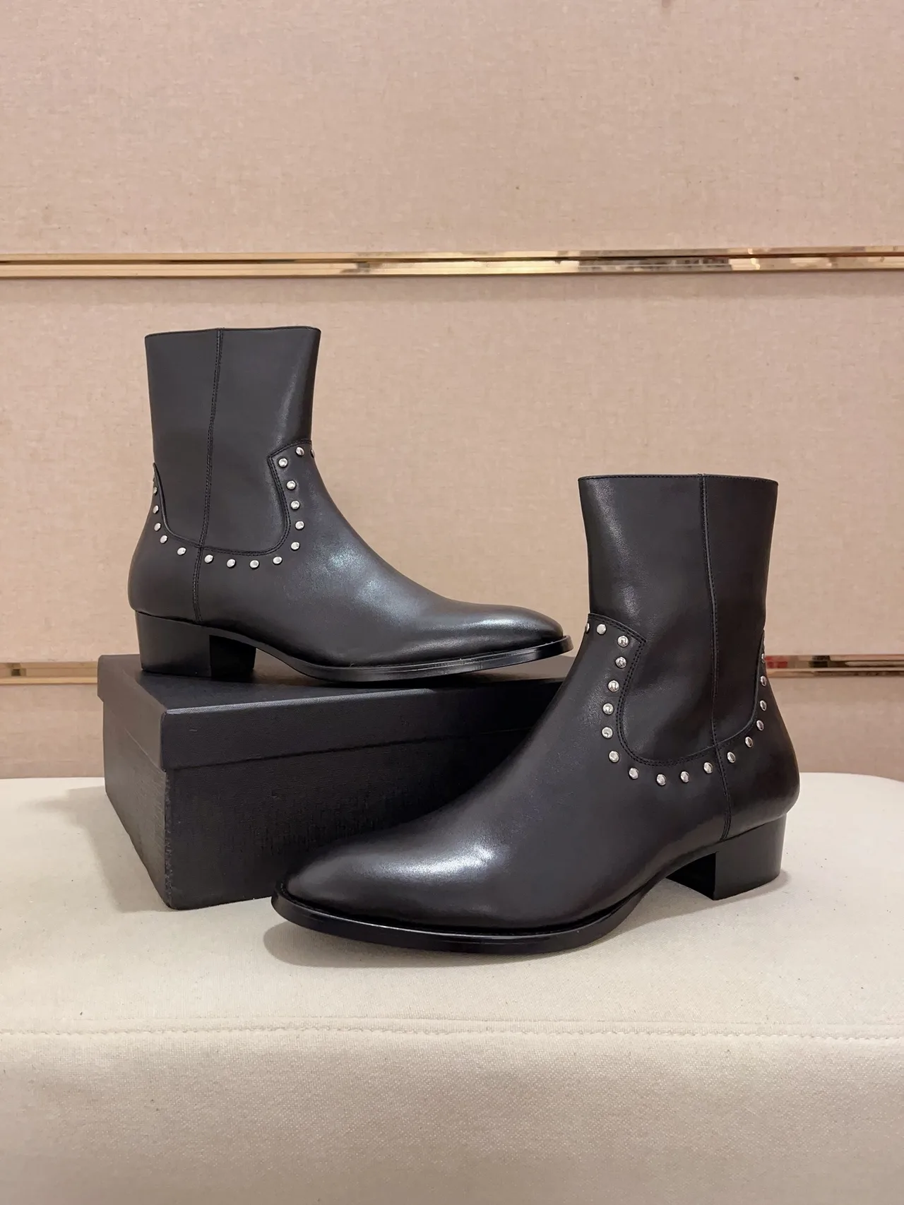 Saint Laurent Cowhide Glossy Pointed-Toe Ankle Boots in Black · view 6