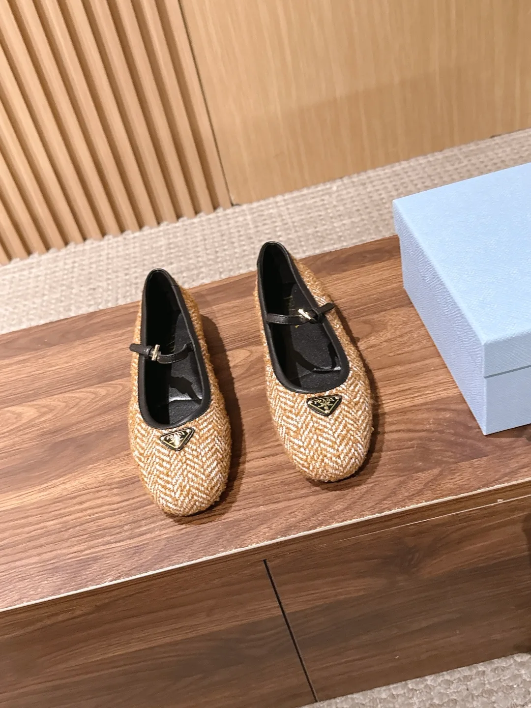Prada Woven Round-Toe Mary Jane Flats in Beige · view 1