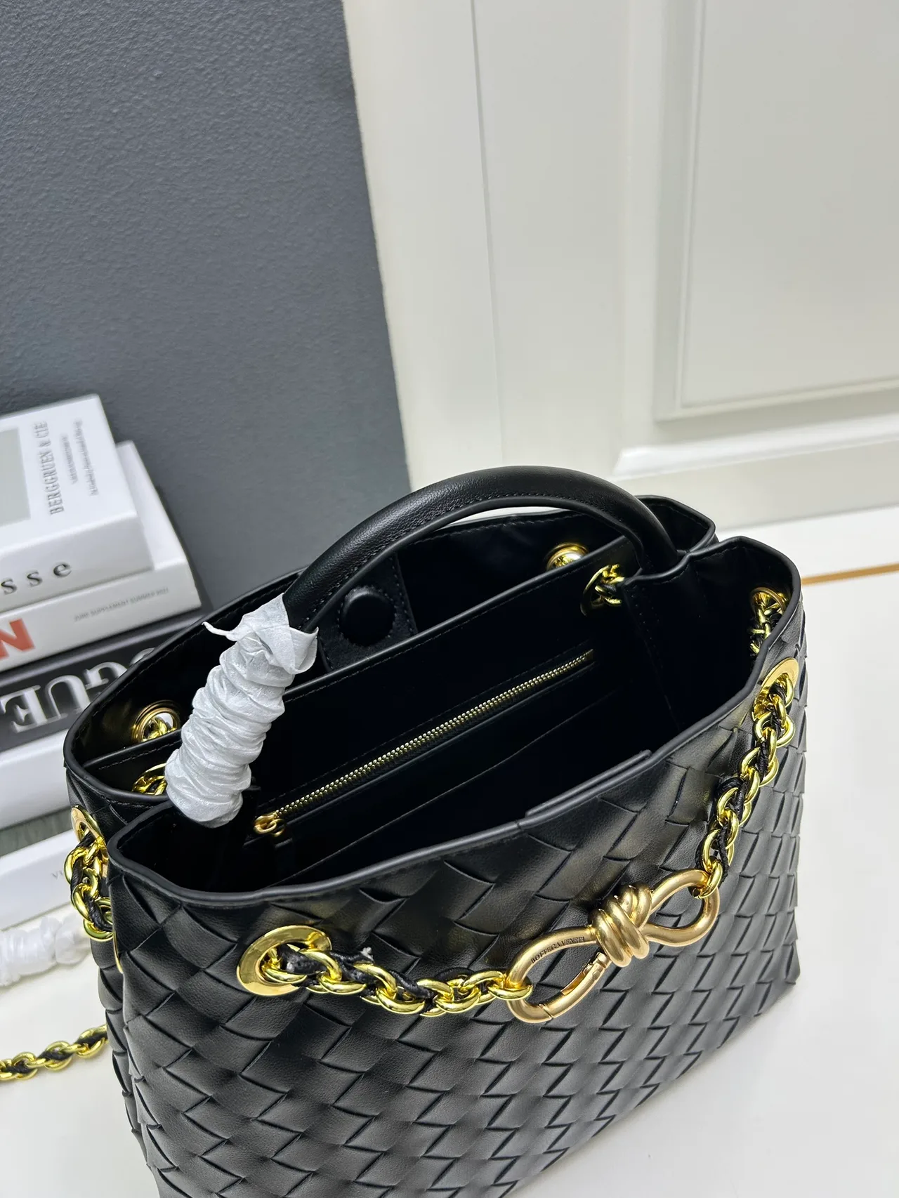 Bottega Veneta Quilted Woven Chain Tote in Black · view 8