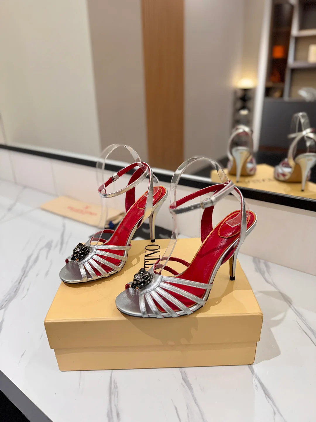 Valentino Crystal Cage Heel Sandals in Silver · view 2
