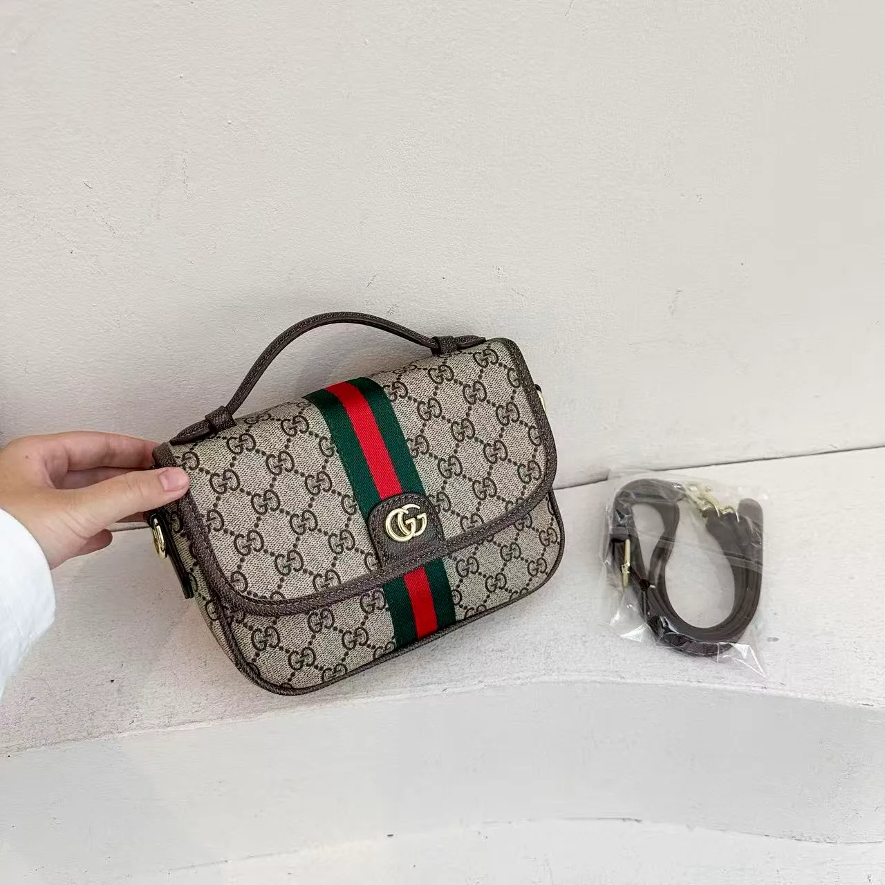 Gucci GG web-stripe camera bag in Grey & Cream & Black & Brown · view 4