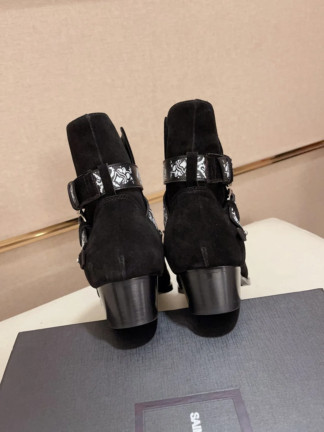 AMIRI Cowhide Suede-Look Pointed-Toe Bandana Strap Ankle Boots in Black · view 8