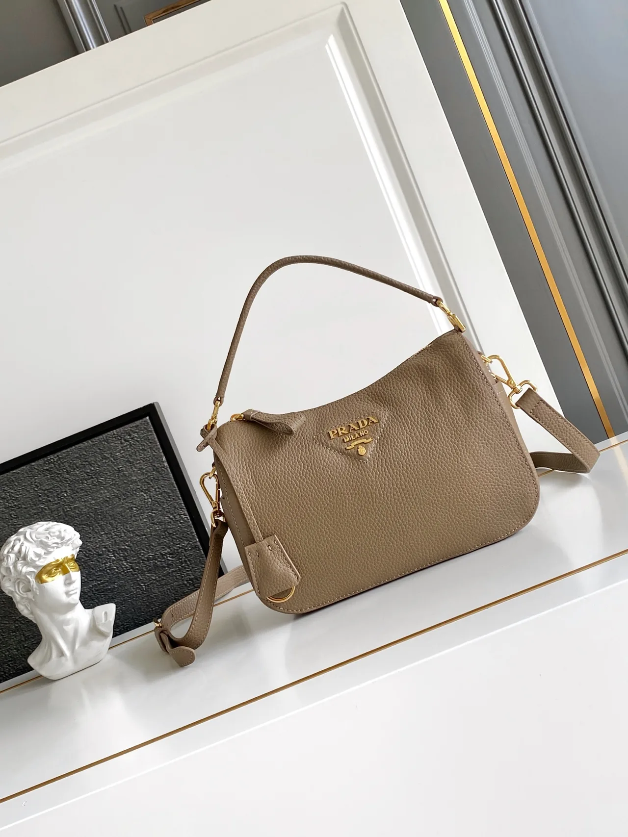Prada Calfskin Zip Shoulder Bag in Grey · view 1