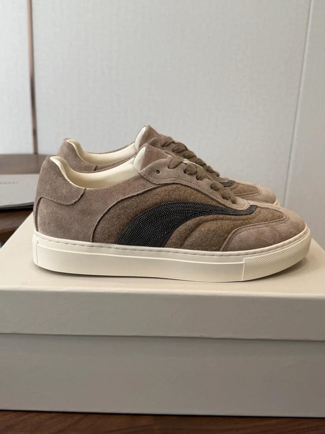 Brunello Cucinelli Cowhide Suede Panelled Lace-Up Sneakers in Grey · view 2