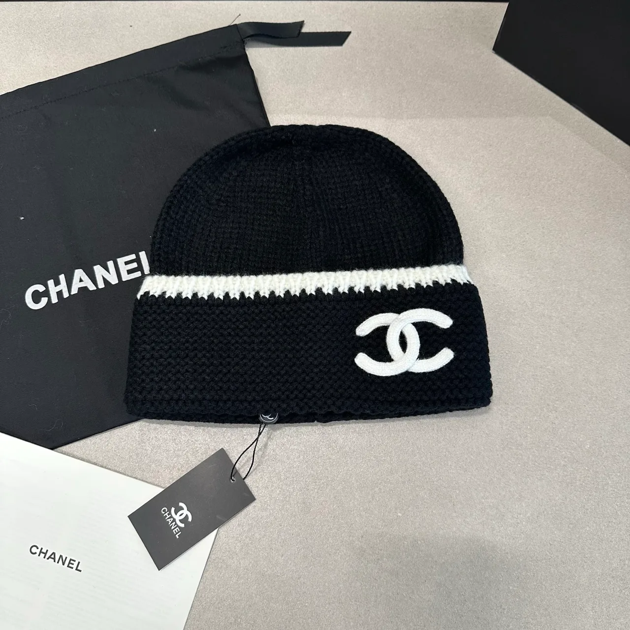 Chanel Contrast-Stripe CC Beanie in White / Black · view 2