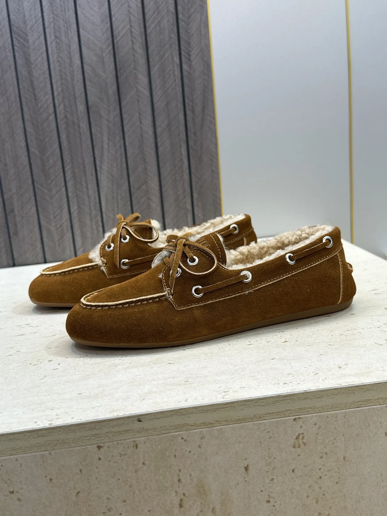 Miu Miu Calfskin Suede-Look Lined Moccasins in Brown · view 5