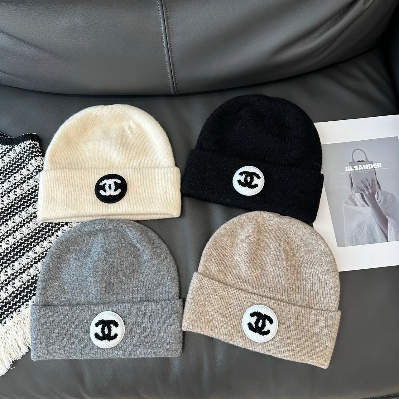 Chanel Hat Scarf and Gloves Set in Black & Grey & Beige & White · view 7