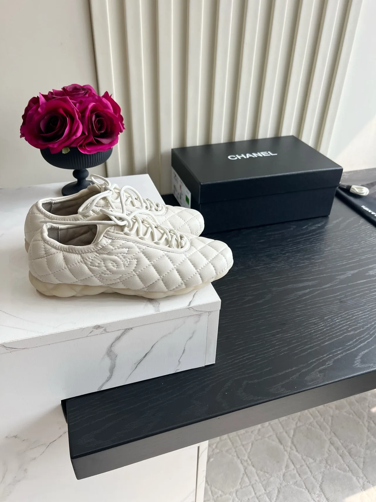 Chanel Sheepskin Quilted Sneakers in White · view 1