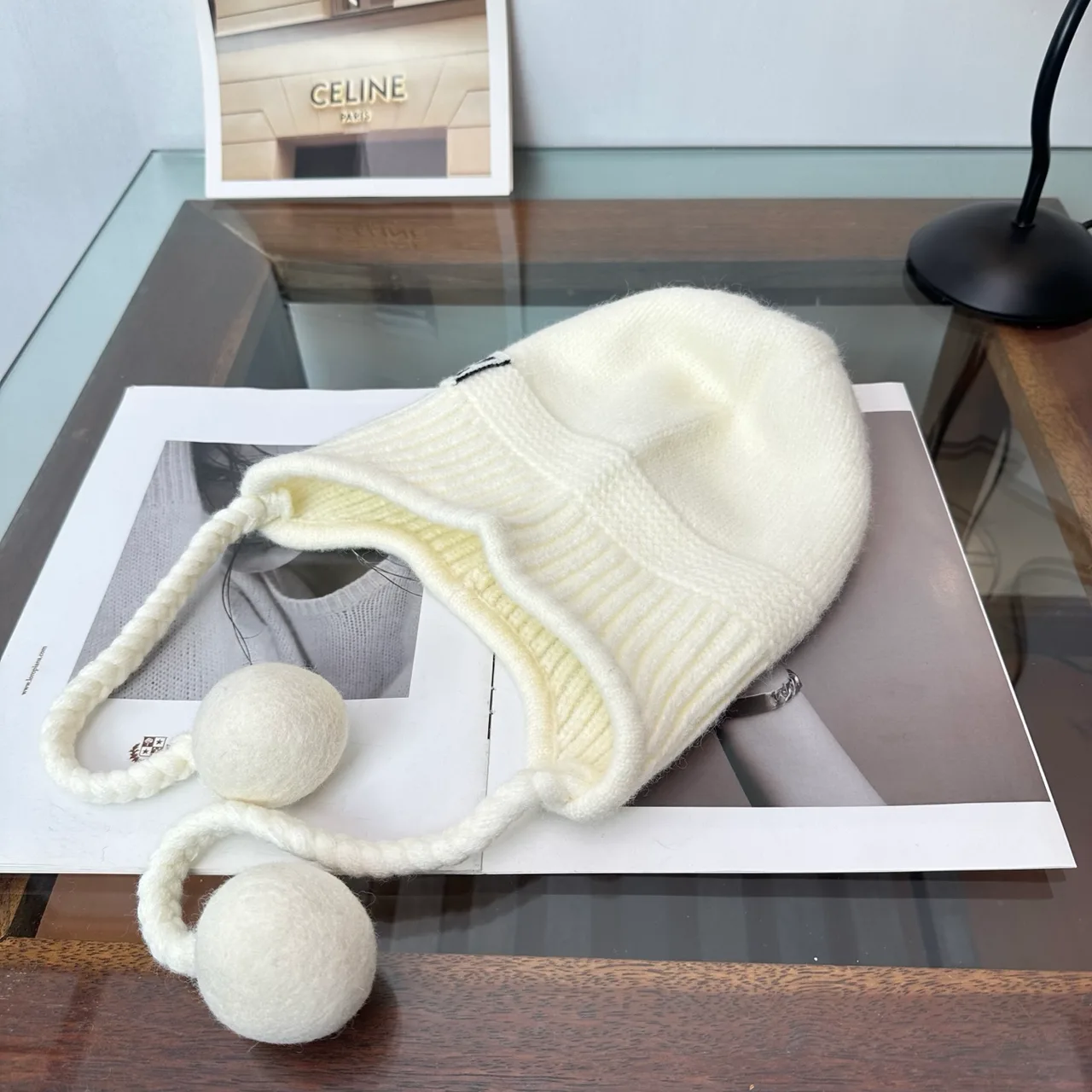 Miu Miu Earflap Beanie in Beige & Grey & Black · view 7