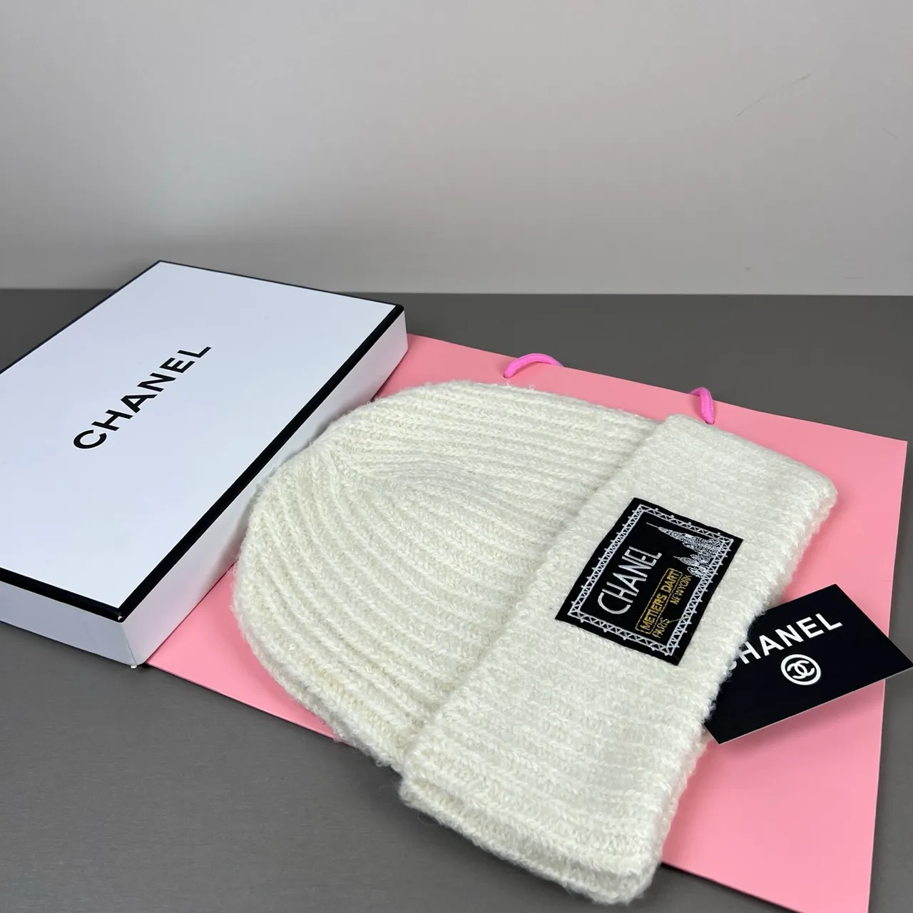 Chanel Label-patch knit beanie in Black & Cream · view 2