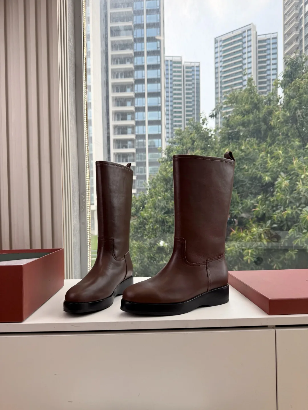 Loro Piana Cowhide Glossy Round-Toe Ankle Boots in Brown · view 2