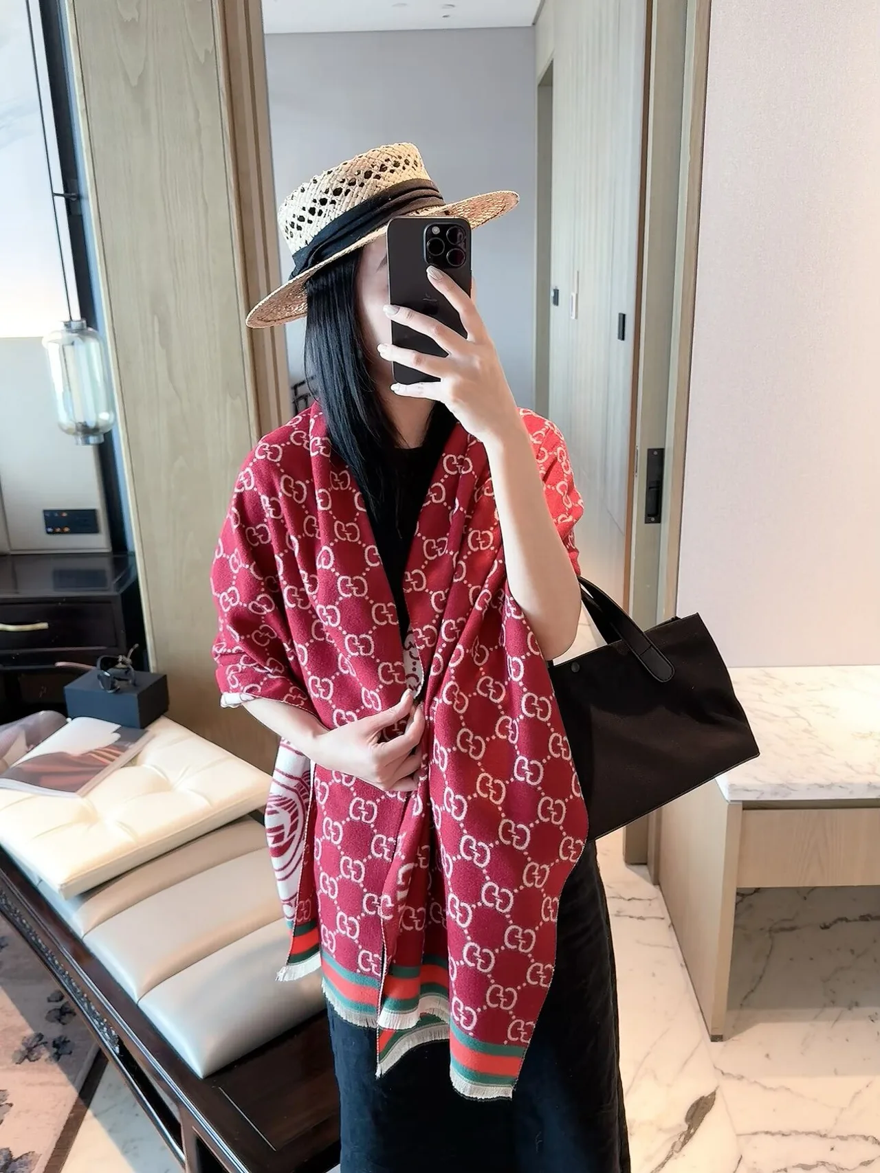 Gucci GG Web Shawl in Blue & Burgundy & Beige · view 7