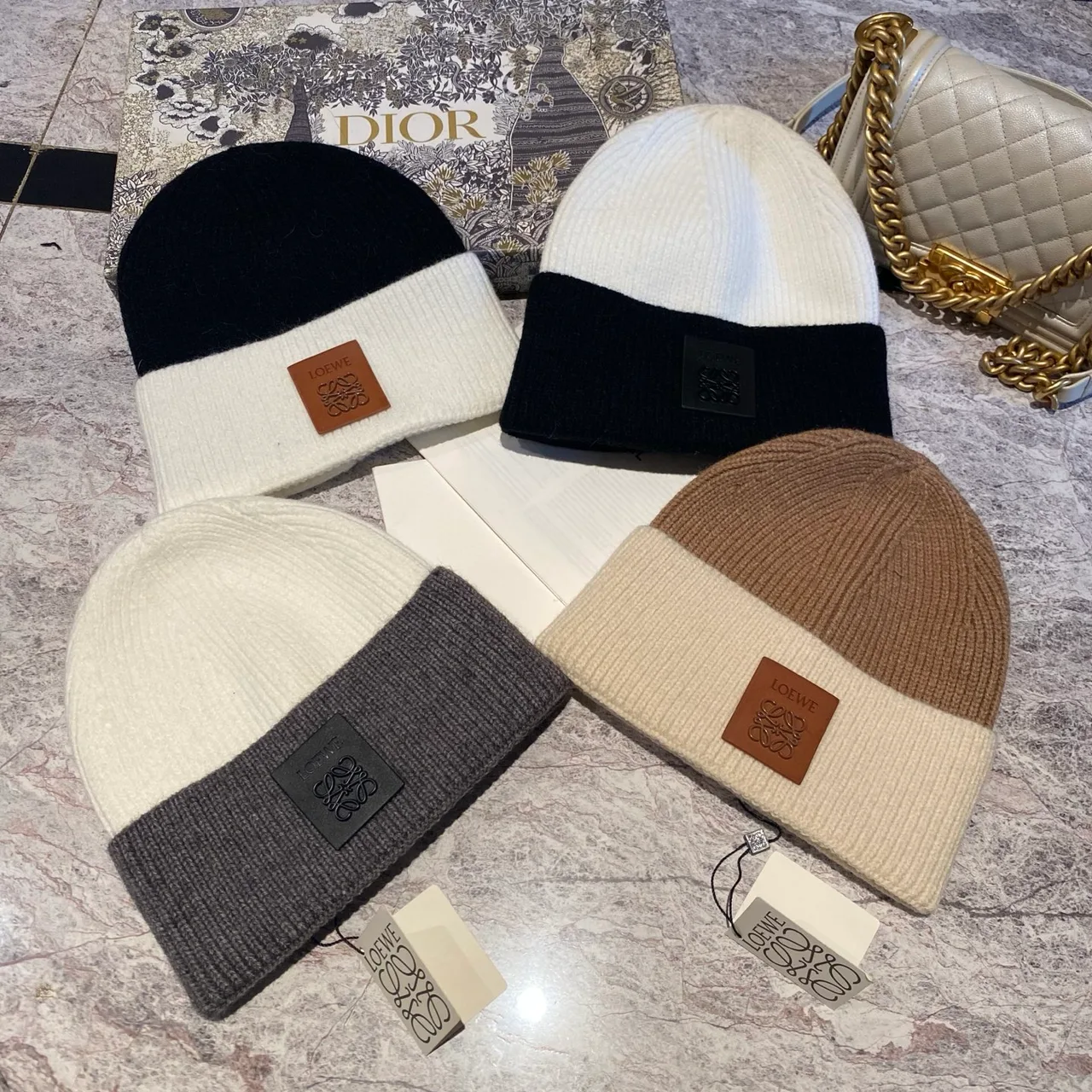 Loewe Colorblock logo-patch knit beanie in Black & Cream & Tan · view 6
