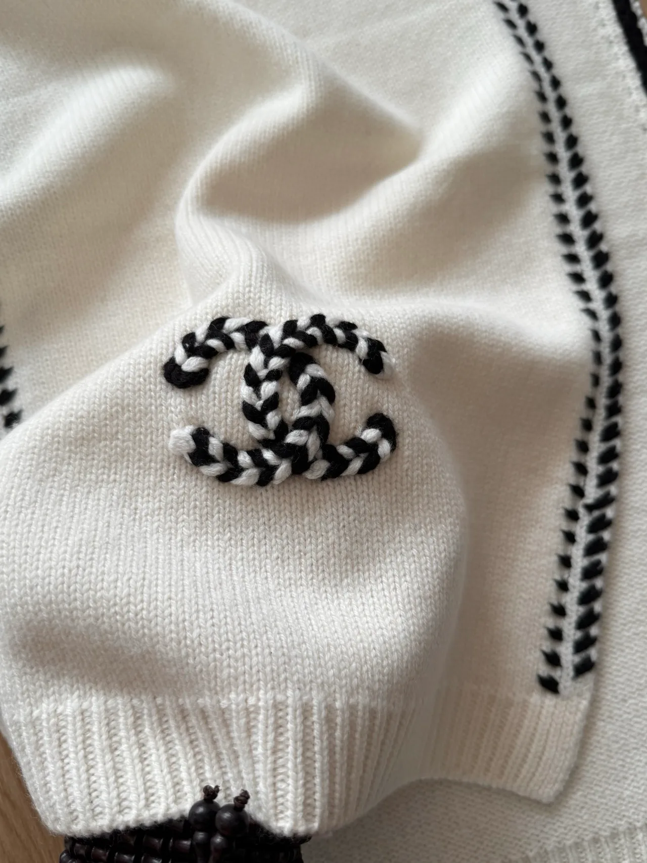 Chanel Cashmere Striped Embroidered Scarf in Cream · view 8
