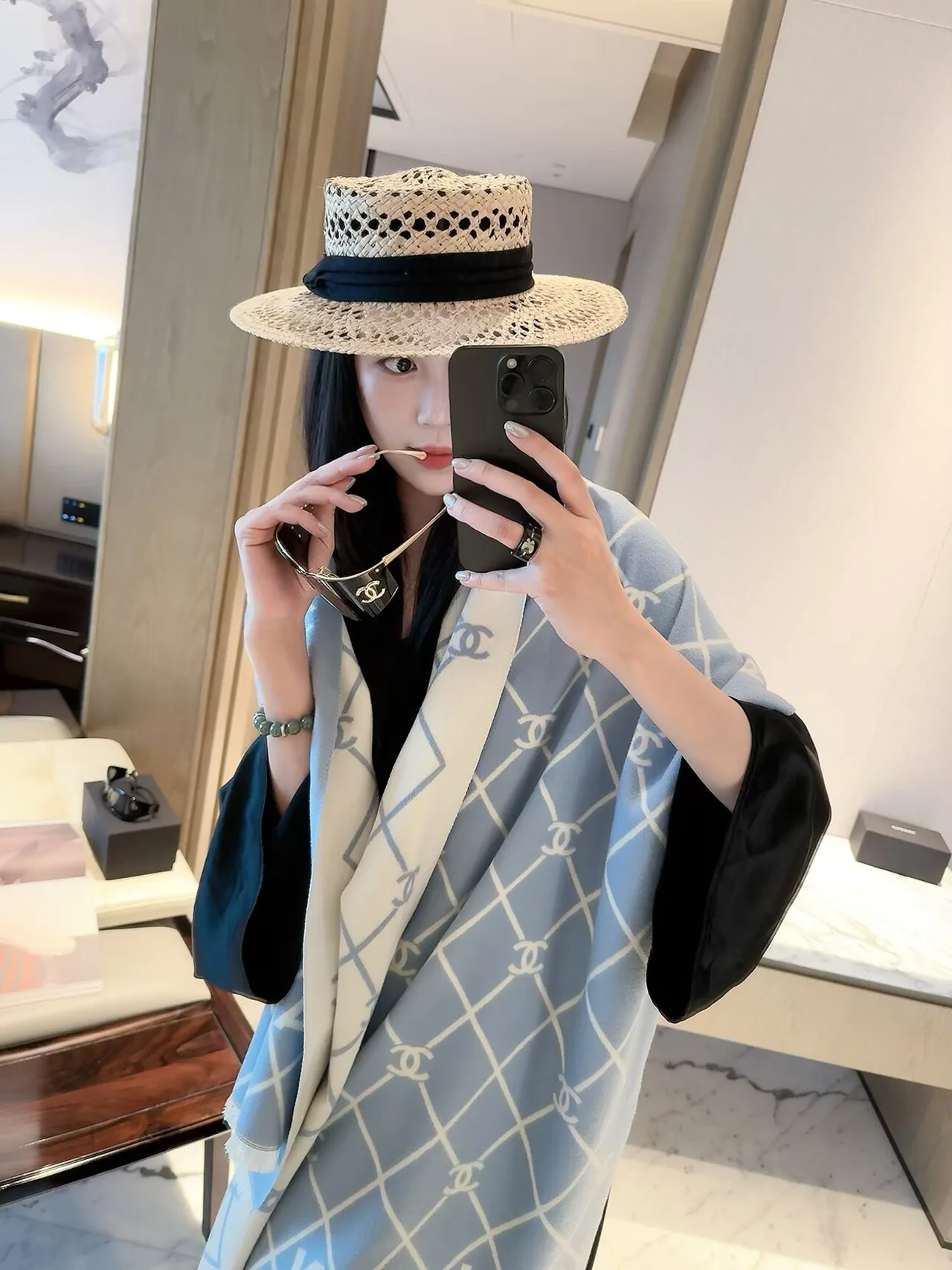 Chanel Diamond CC Shawl in Blue & Red & Grey · view 4