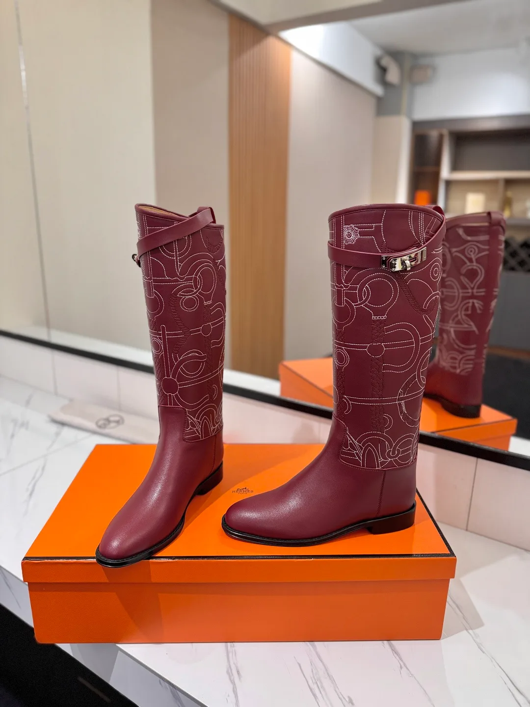 Hermes Cowhide Boots in Burgundy · view 5