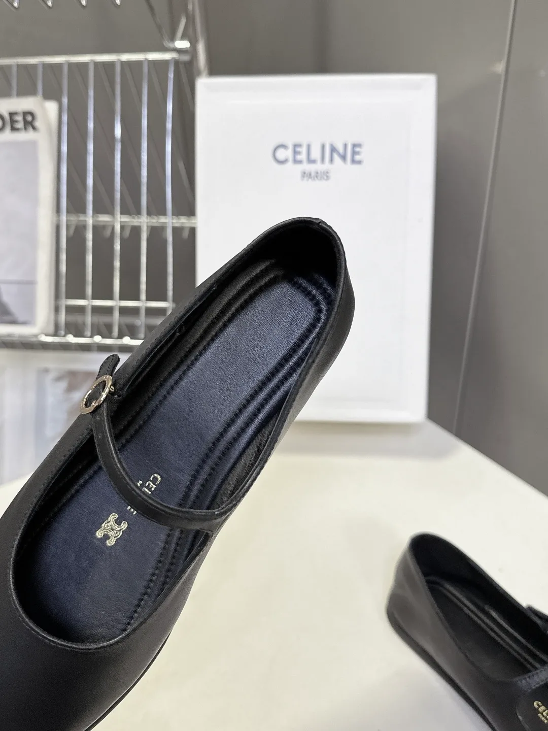Celine Calfskin Square-Toe Mary Jane Flats in Black · view 7