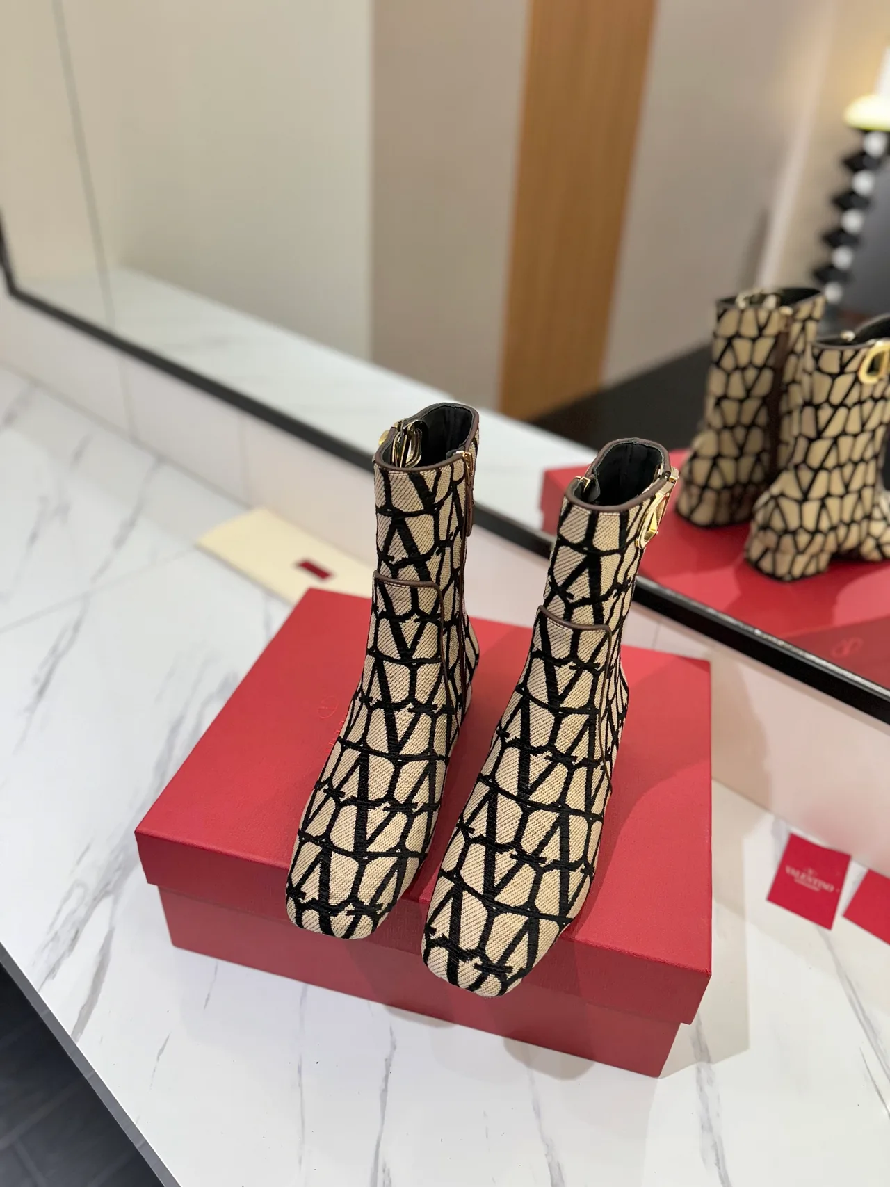 Valentino Wool Pointed-Toe VLOGO Ankle Boots in Beige · view 3