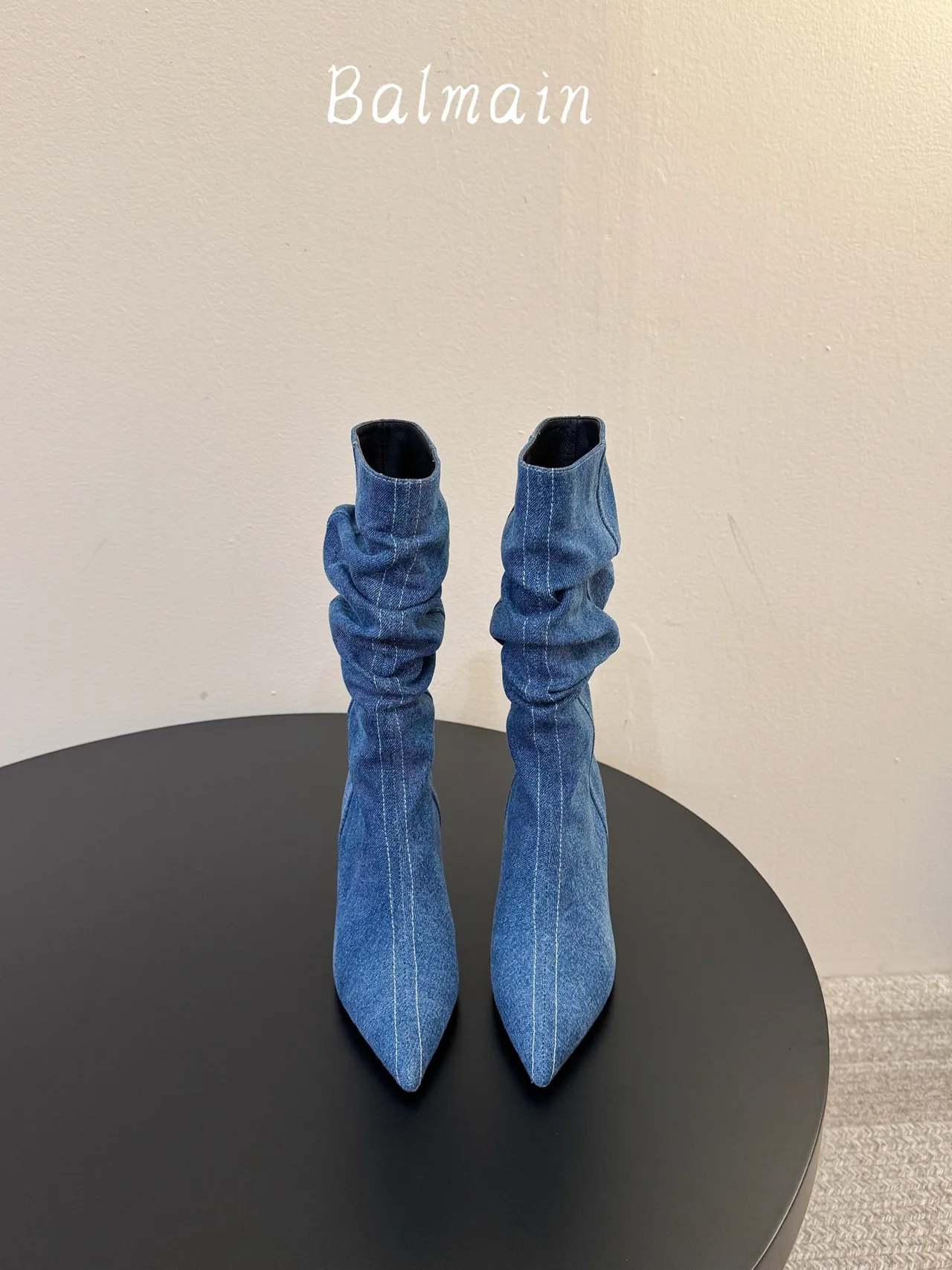 Balmain Denim Ribbed Pointed-Toe Ankle Boots in Blue · view 1