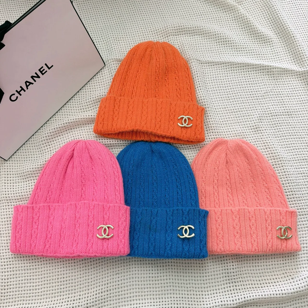 Chanel Beanie in Orange & Blue & White & Yellow & Grey & Pink · view 5