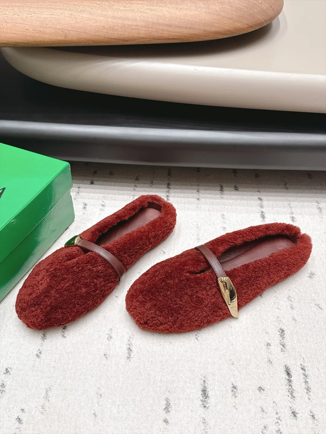 Bottega Veneta Sheepskin Buckle Fur Mary Jane Mules in Red · view 3