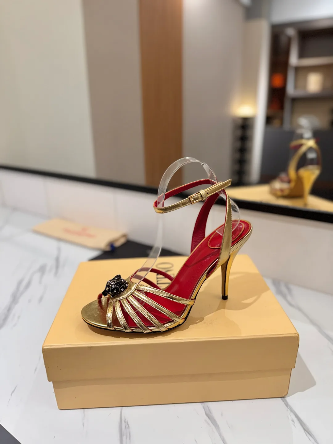Valentino Ribbed Jewel-Bow Strap Sandals in Gold · view 4