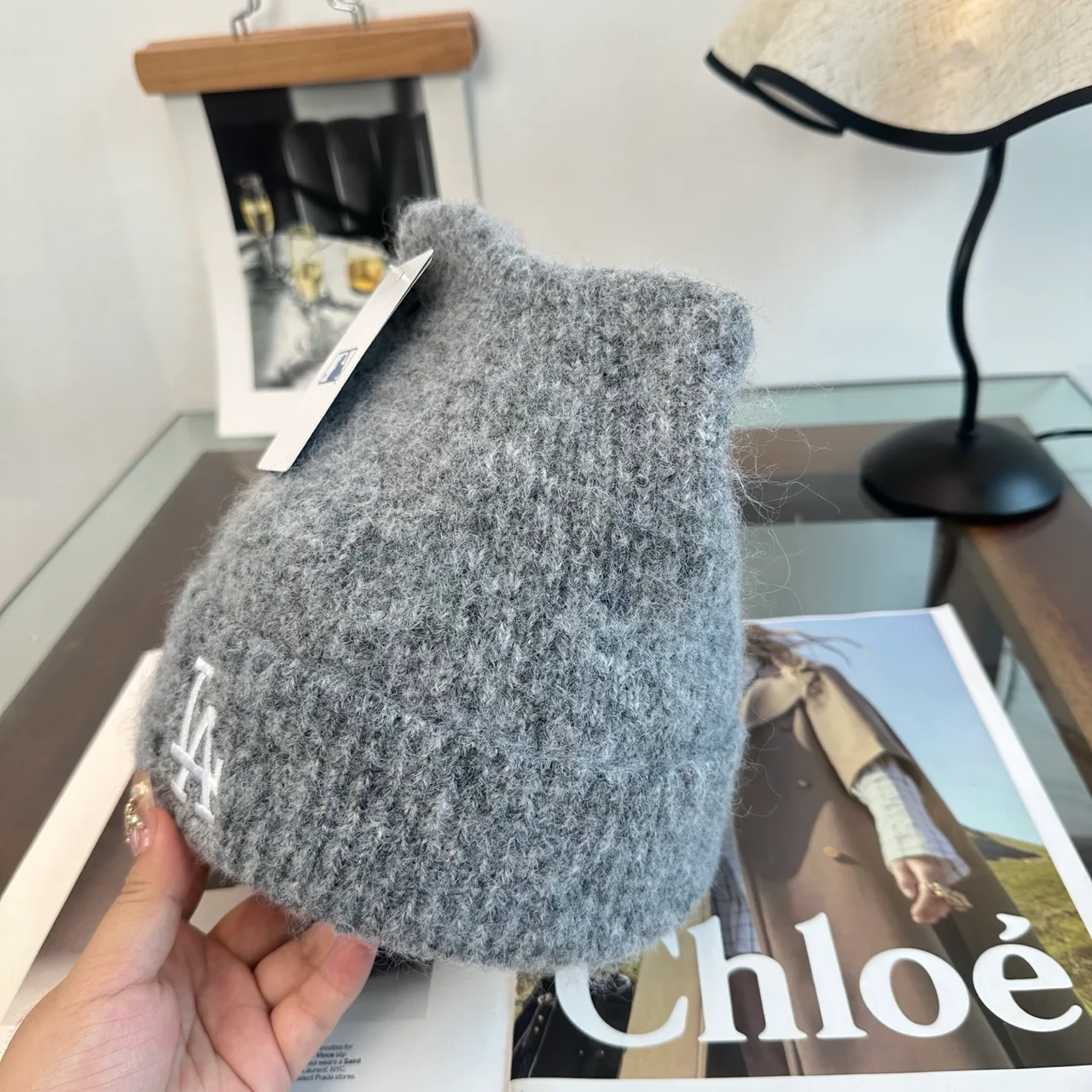 LA Letter Fuzzy Knit Beanie in Grey · view 3